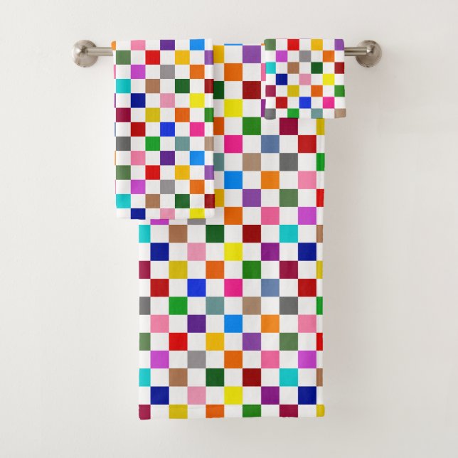 Colourful Chequered Pattern Design White  Bath Towel Set (Insitu)