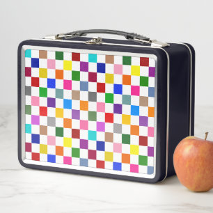 Colourful Chequered Pattern Design White Metal Lunch Box