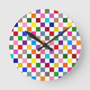 Colourful Chequered Pattern Design White Round Clock