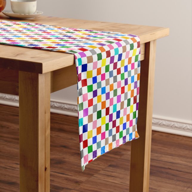 Colourful Chequered Pattern Design White  Short Table Runner (In Situ)