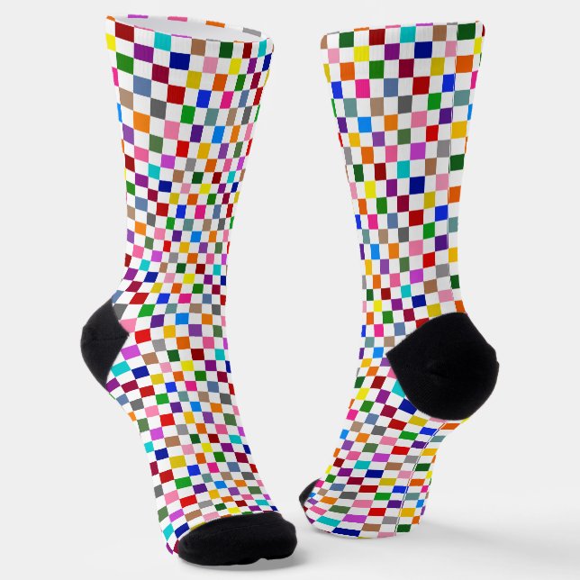 Colourful Chequered Pattern Design White  Socks (Angled)