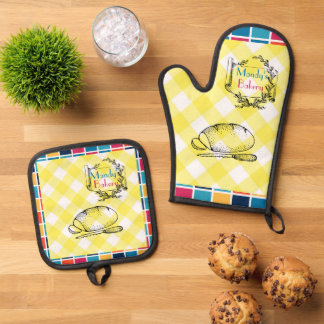 Colourful Chequered Squares with Quaint Word Frame Oven Mitt & Pot Holder Set
