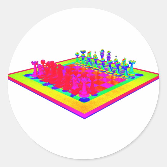 Colourful Chessboard and Chess Pieces Classic Round Sticker (Front)