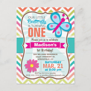 Colourful Chevron Butterfly Birthday Party Invitation Postcard