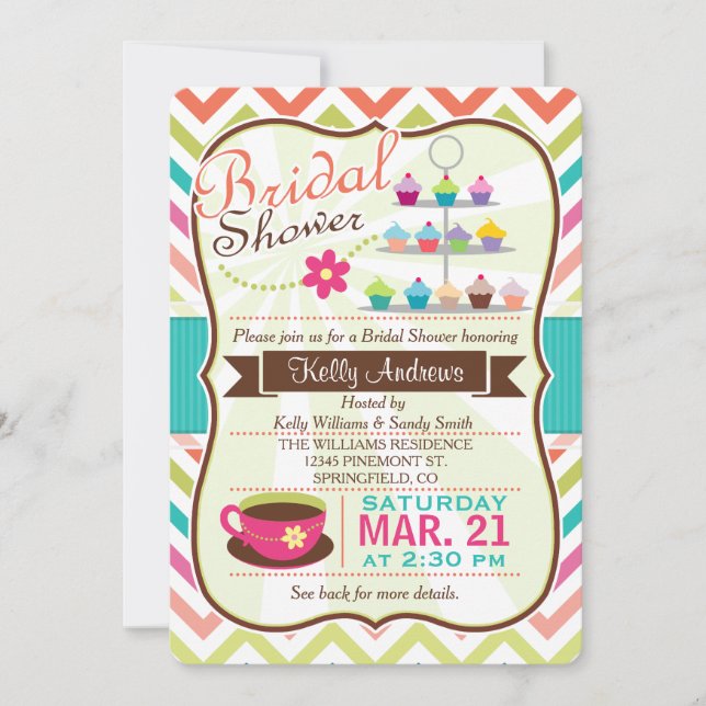 Colourful Chevron Cupcake, Tea Bridal Shower Invitation (Front)