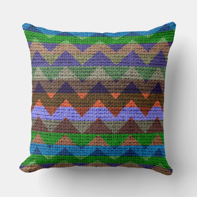 Colourful Chevron Pattern Burlap Jute Cushion (Front)