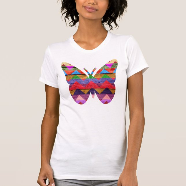 Colourful Chevron Pattern Butterfly on Wood T-Shirt (Front)
