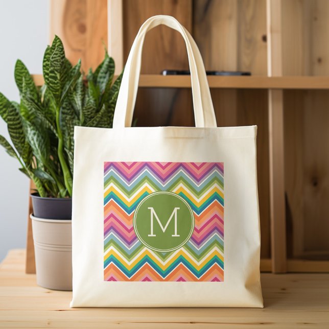 Colourful Chevron Pattern with Monogram Tote Bag (Personalized tote bag with chevrons and monogram)