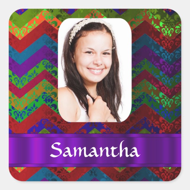 Colourful chevron photo template square sticker (Front)