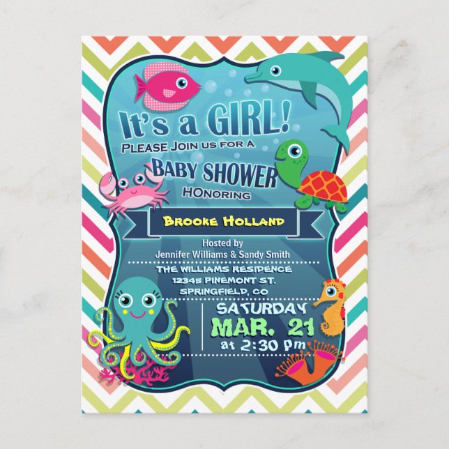 Colourful Chevron Sea Life, Girl Baby Shower Invitation Postcard (Front)