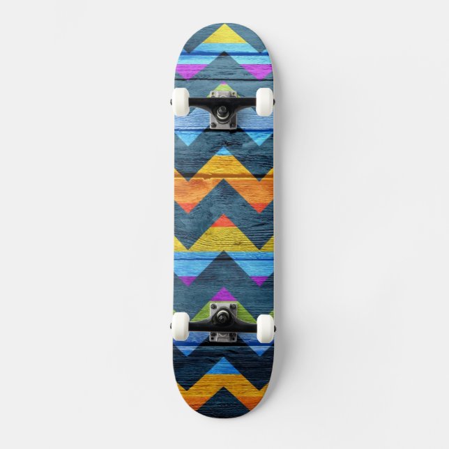 Colourful Chevron Wood Abstract Skateboard (Front)