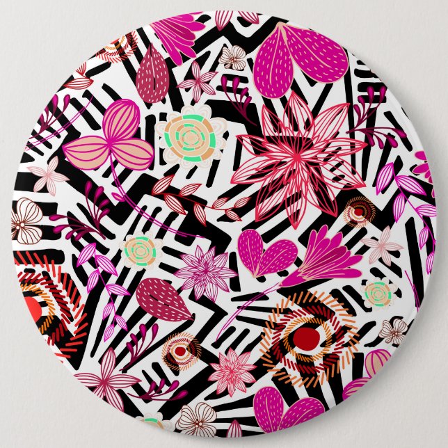 Colourful chic black white flowers pattern 6 cm round badge (Front)