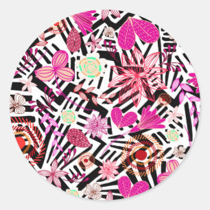 Colourful chic black white flowers pattern classic round sticker