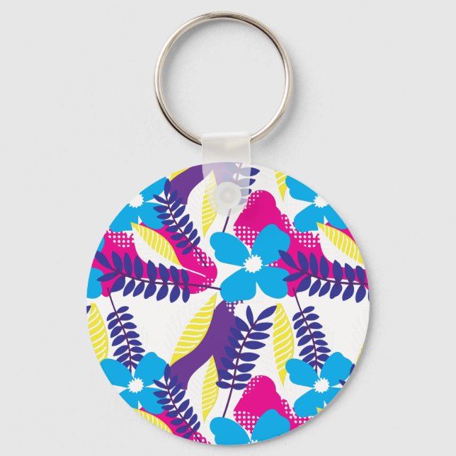 Colourful Chic Floral & Dot Pattern with Leaves Key Ring (Front)