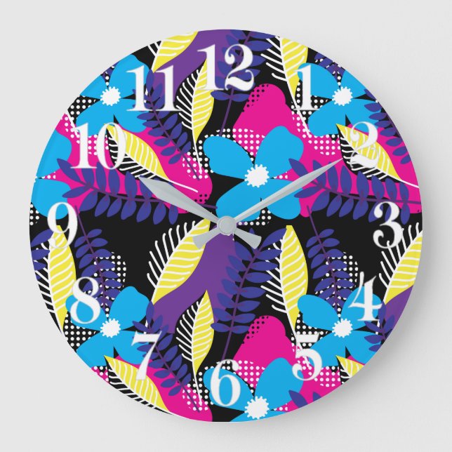 Colourful Chic Floral & Dot Pattern with Leaves La Large Clock (Front)