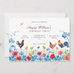 Colourful chick farm garden birthday invitation