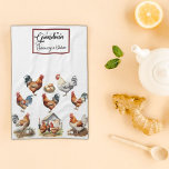 Colourful Chicken and Rooster Grandma Tea Towel<br><div class="desc">This charming kitchen towel is a rustic homage to the joys of country living. Its background is adorned with an enchanting scene, featuring chickens, roosters, a picturesque farm, and freshly laid eggs, celebrating the simple and wholesome beauty of rural life. Encased in a maroon rectangular border, the words "Grandma Rosemary"...</div>