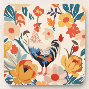 Colourful Chicken Floral Background Coaster