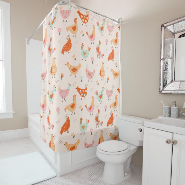 Colourful Chicken Hens Cute Pattern Shower Curtain (In Situ)