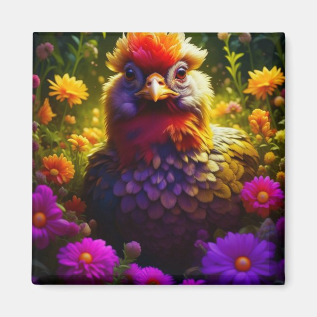 Colourful Chicken in Flower Garden Magnet (Front)