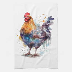 Colourful chicken in watercolor tea towel