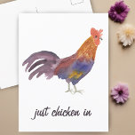 Colourful Chicken Watercolor JUST CHICKEN IN Funny Postcard<br><div class="desc">Enjoy this whimsical chicken  on this funny card.
 
 You can always change or add your own text. Let me know if you'd like something custom made.</div>