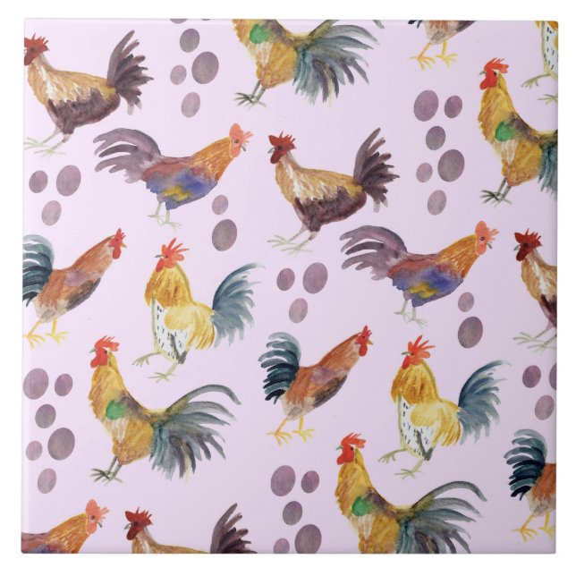 Colourful Chickens & Eggs Pattern Watercolor Purpl Tile (Front)