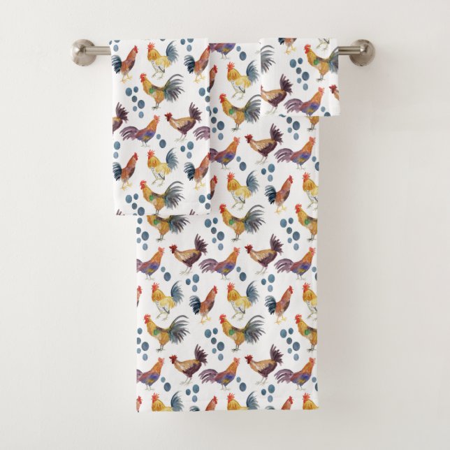 Colourful Chickens & Eggs Watercolor Pattern  Bath Towel Set (Insitu)