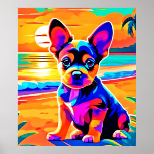 Colourful Chihuahua Puppy on Sunset Beach Poster