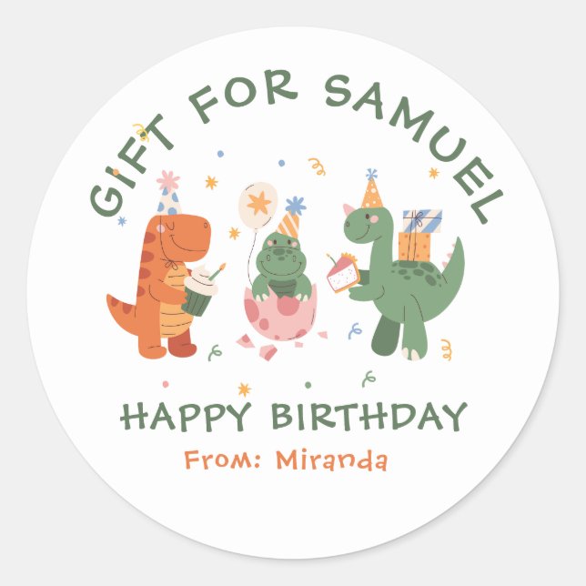 Colourful Childish Dinosaurs Kids Birthday  Classic Round Sticker (Front)