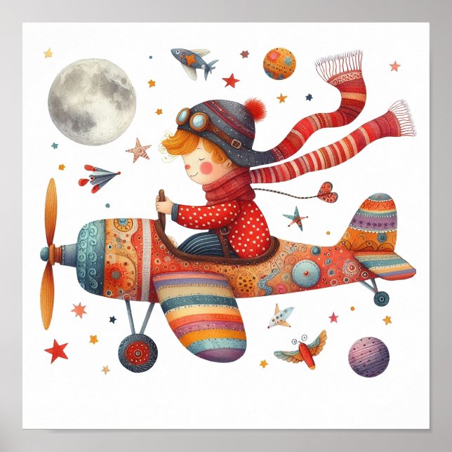 Colourful Children's Art Child Flying Old Aeroplan Poster (Front)