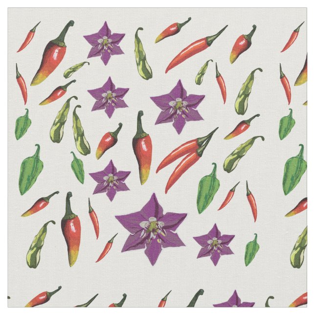 Colourful chilli peppers & blossom pattern fabric (Close Up)
