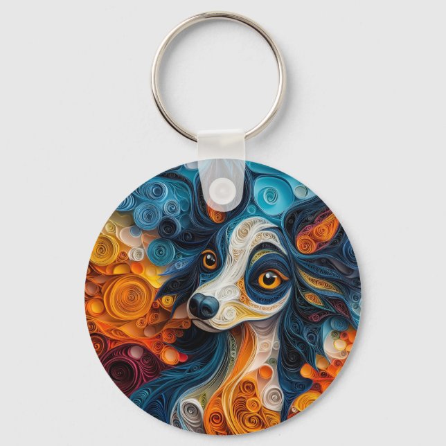 Colourful Chinese Crested Dog Portrait Key Ring (Front)