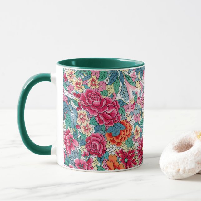 Colourful Chinese Floral Pattern Mug (With Donut)