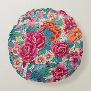 Colourful Chinese Floral Pattern Round Cushion