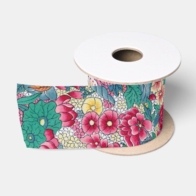 Colourful Chinese Floral Pattern Satin Ribbon (Spool)