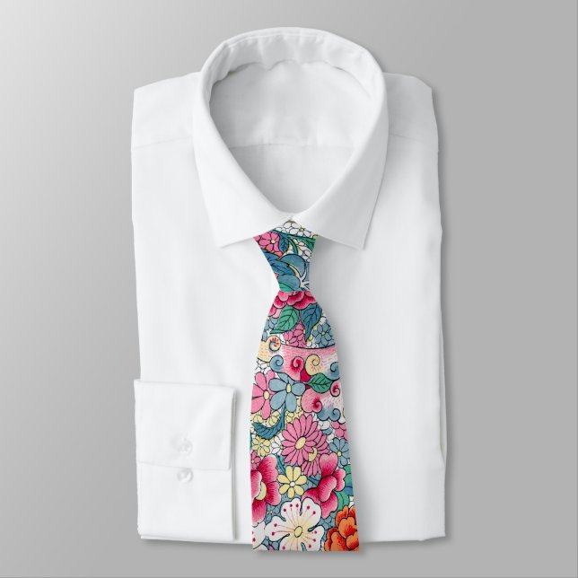 Colourful Chinese Floral Pattern Tie (Tied)