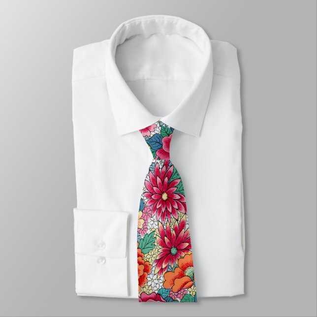 Colourful Chinese Floral Pattern Tie (Tied)