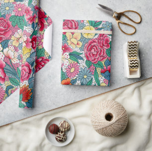 Colourful Chinese Floral Pattern Wrapping Paper