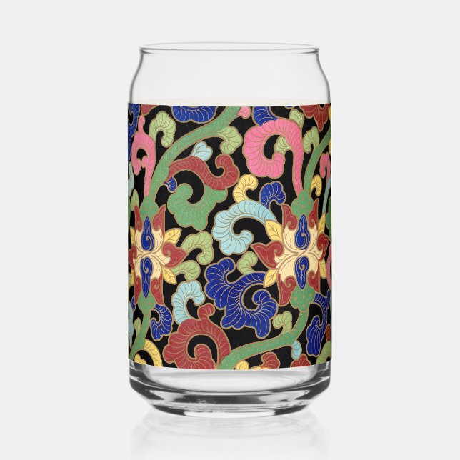 Colourful Chinoiserie Floral Pattern on Black Can Glass (Front)