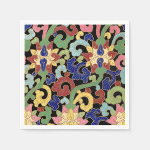 Colourful Chinoiserie Floral Pattern on Black Napkin