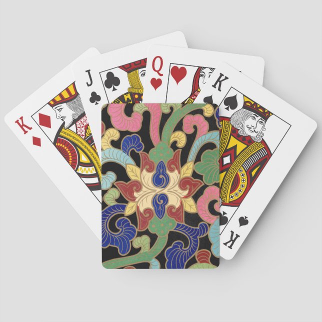 Colourful Chinoiserie Floral Pattern on Black Playing Cards (Back)