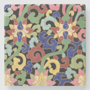 Colourful Chinoiserie Floral Pattern on Black Stone Coaster