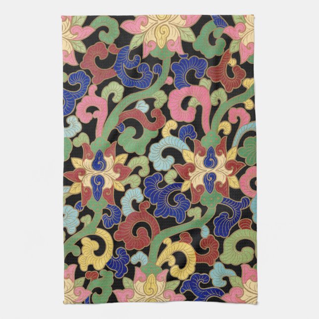 Colourful Chinoiserie Floral Pattern on Black Tea Towel (Vertical)