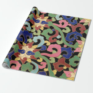 Colourful Chinoiserie Floral Pattern on Black Wrapping Paper