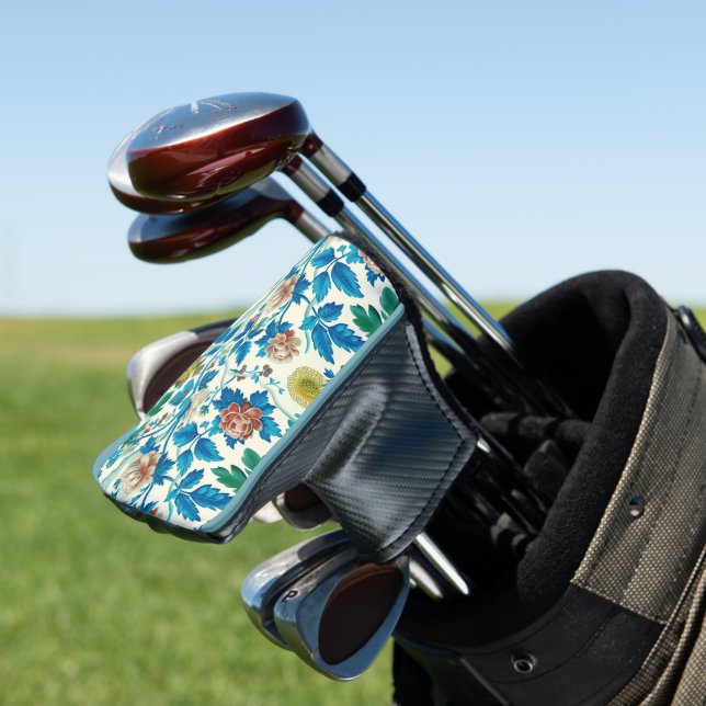 Colourful Chinoiserie Traditional Floral Pattern Golf Head Cover (In Situ)