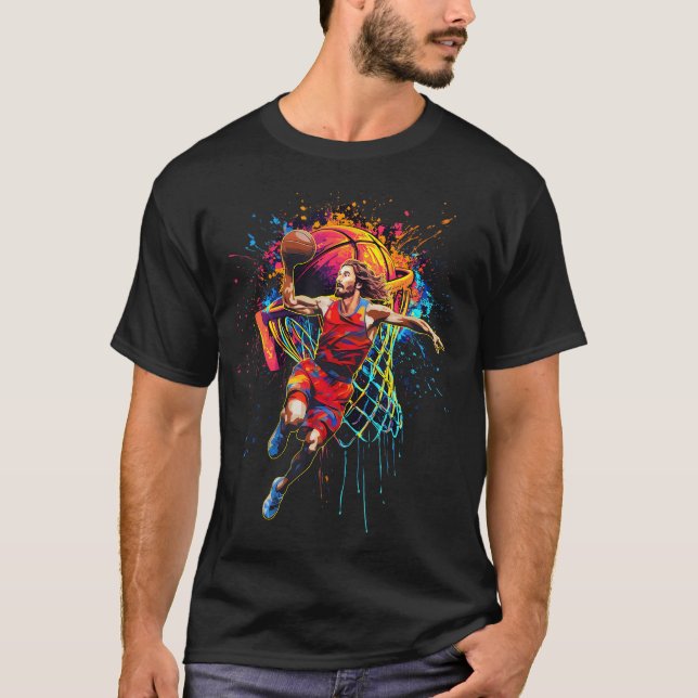 Colourful Christian Playing Basketball Xmas Dunked T-Shirt (Front)