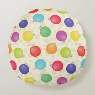 Colourful Christmas balls,Gold Snowflakes Round Cushion
