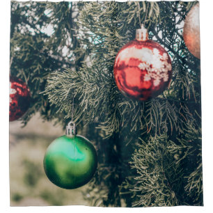 Colourful Christmas bauble decoration on a tree. V Shower Curtain