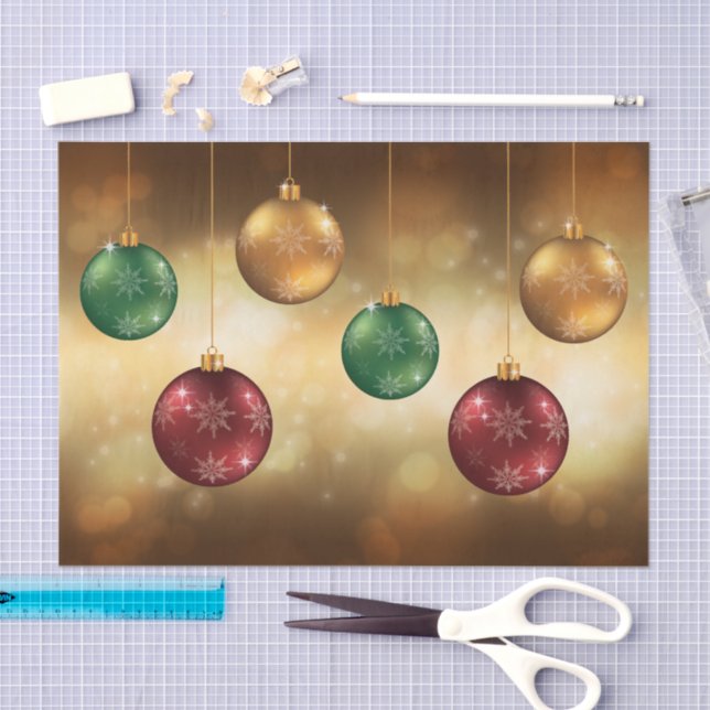 Colourful Christmas Baubles On Yellow Bokeh Tissue Paper (Craft)